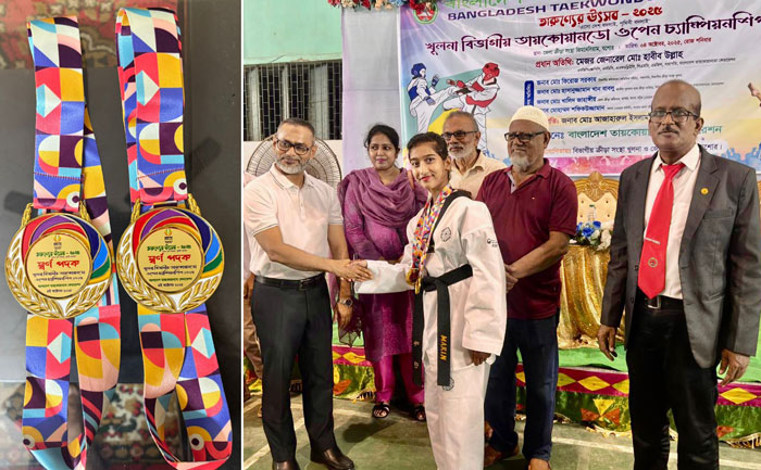 খুলনা বিভাগীয় তায়কোয়ানডো ওপেন চ্যাম্পিয়নশিপে অতিথিদের হাত থেকে পুরস্কার নিচ্ছেন স্বর্ণপদক জয়ী রাজশাহীর মারিন আশরাফী।